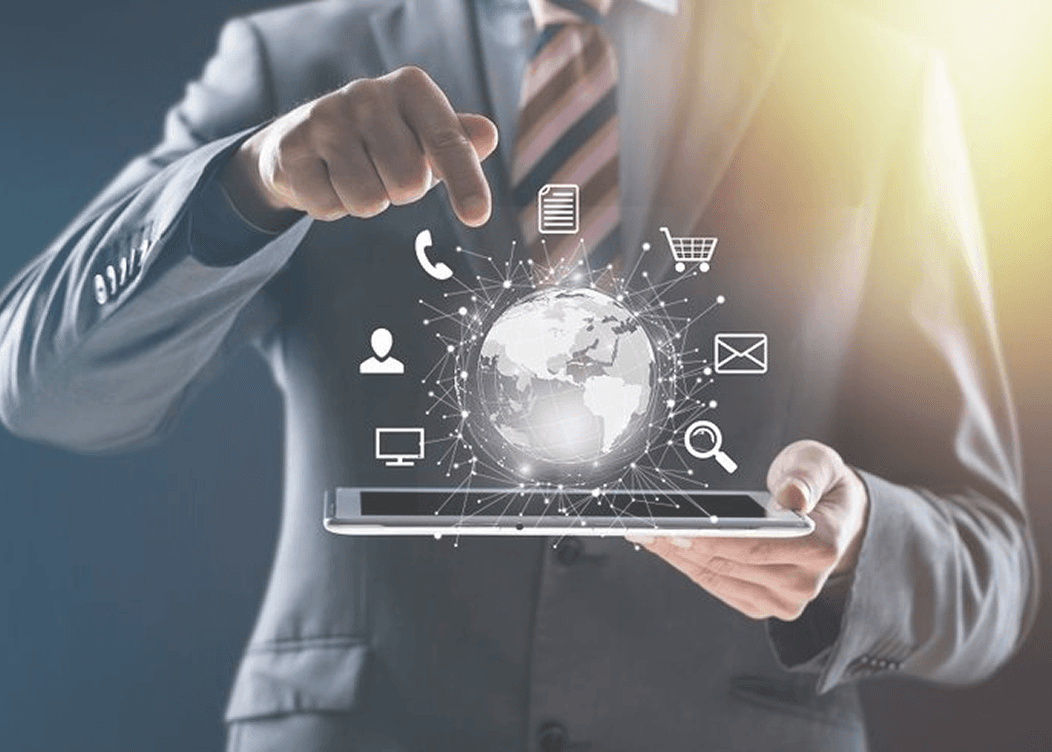 Professional business team using digital technology for communication and support