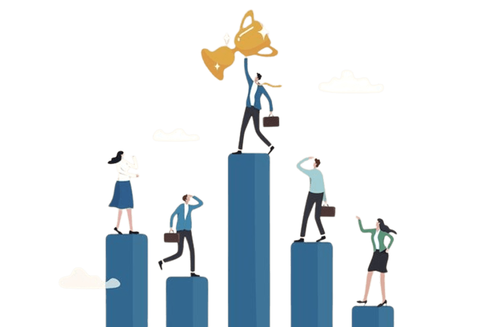 Team climbing success chart with trophy